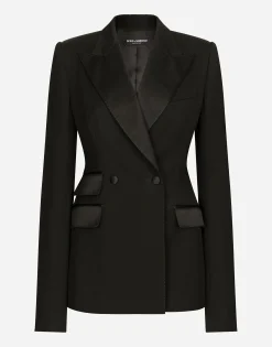 Double-breasted woolen jacket with side vents