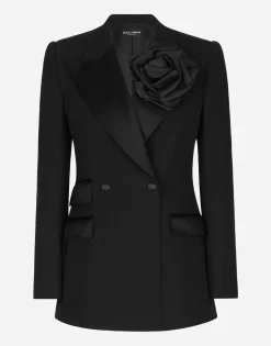 Double-breasted woolen jacket with flower appliqué