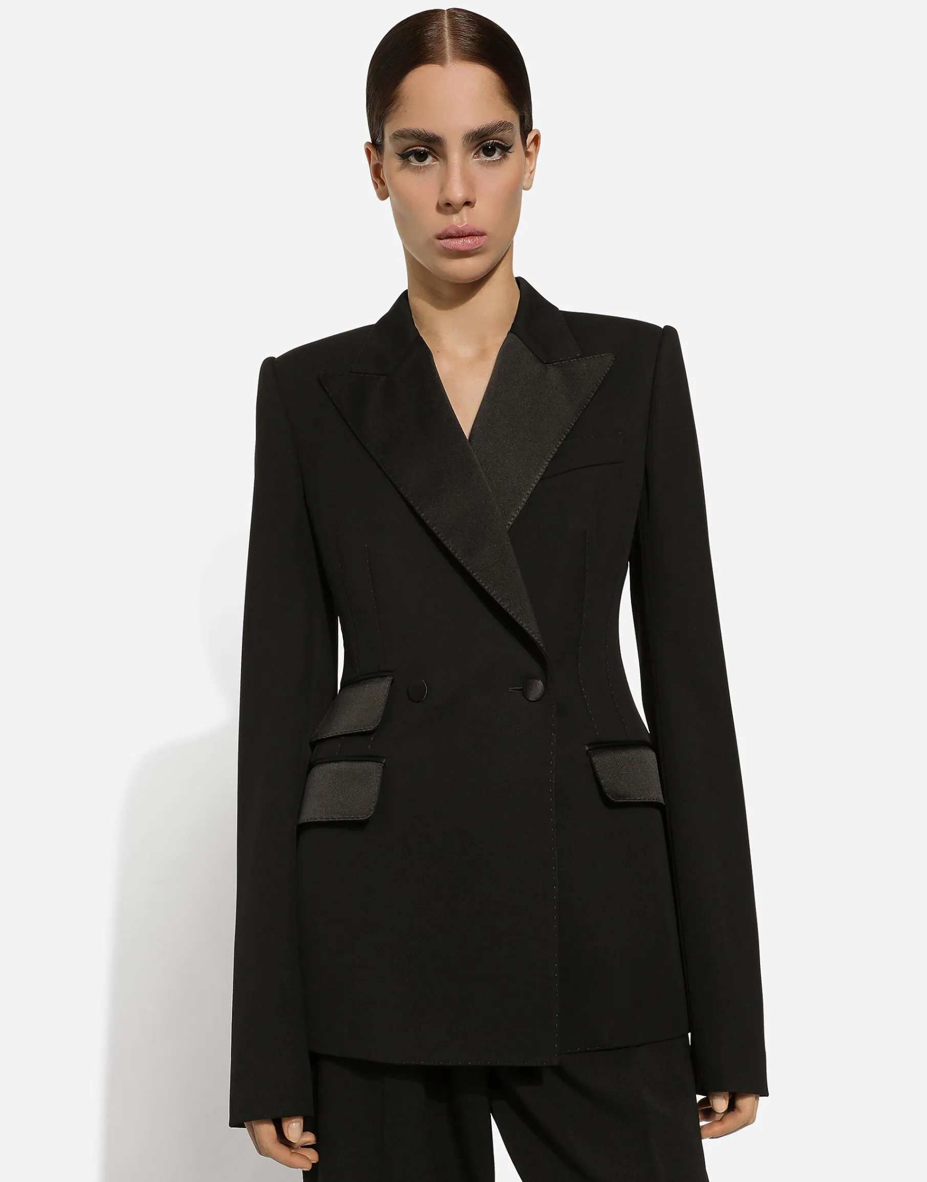 Double-breasted woolen jacket with side vents