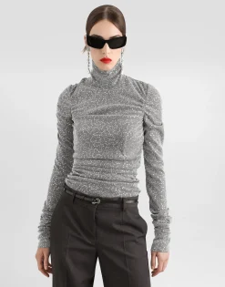 Draped sequined turtle-neck top