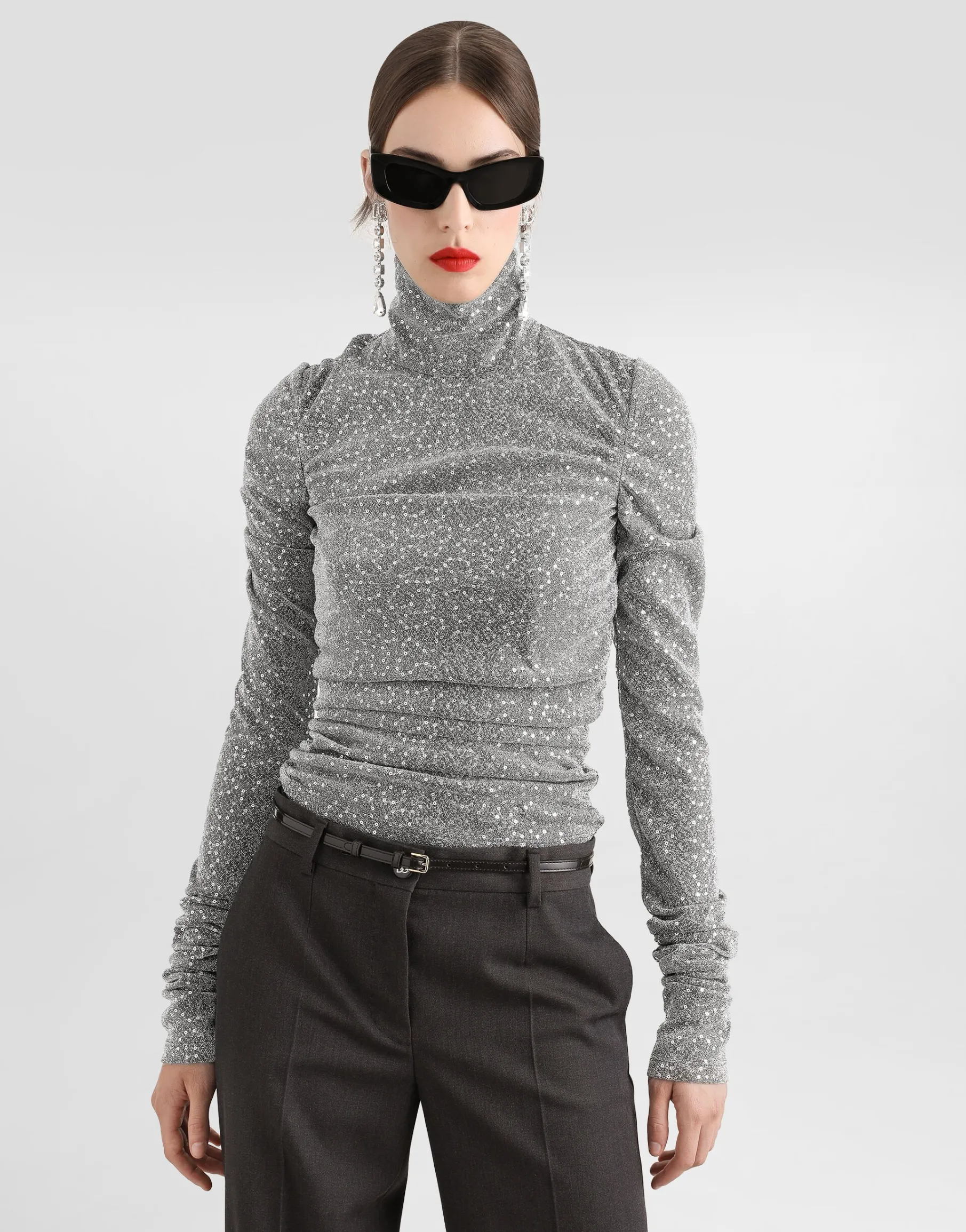 Draped sequined turtle-neck top