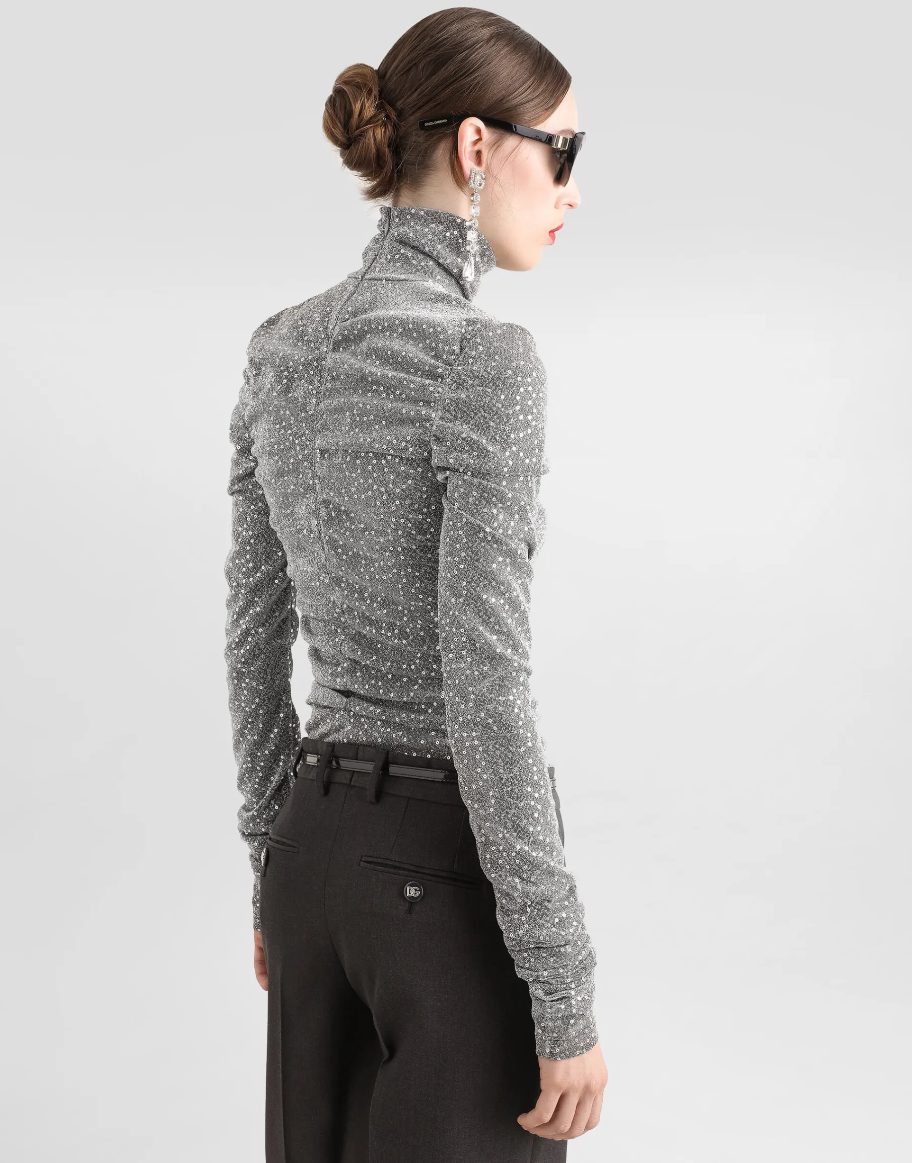Draped sequined turtle-neck top