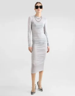 Draped wool jersey calf-length dress