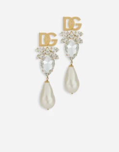 Drop earrings with pearls, rhinestones and DG logo