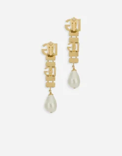 Drop earrings with pearls, rhinestones and DG logo