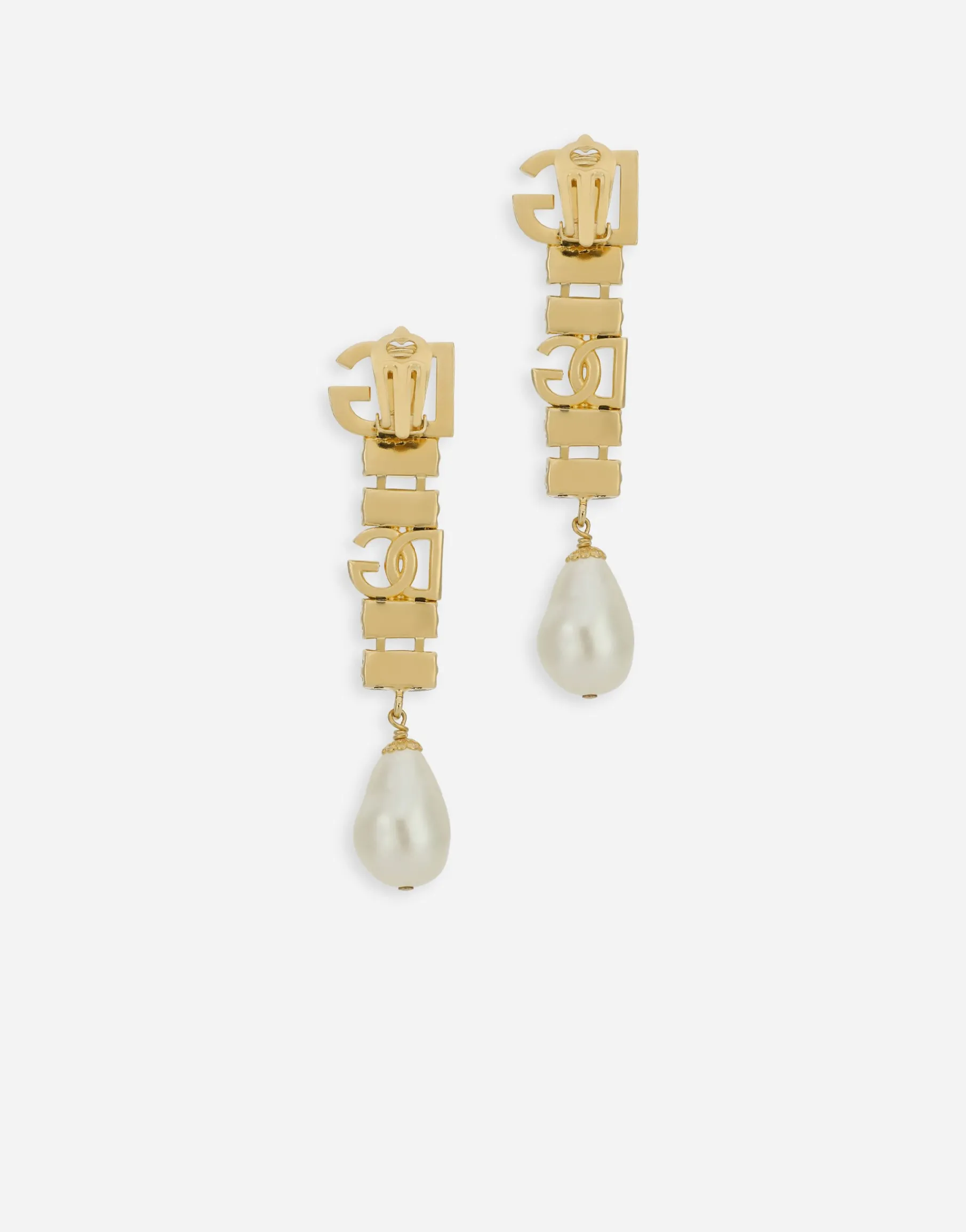 Drop earrings with pearls, rhinestones and DG logo