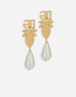 Drop earrings with pearls, rhinestones and DG logo