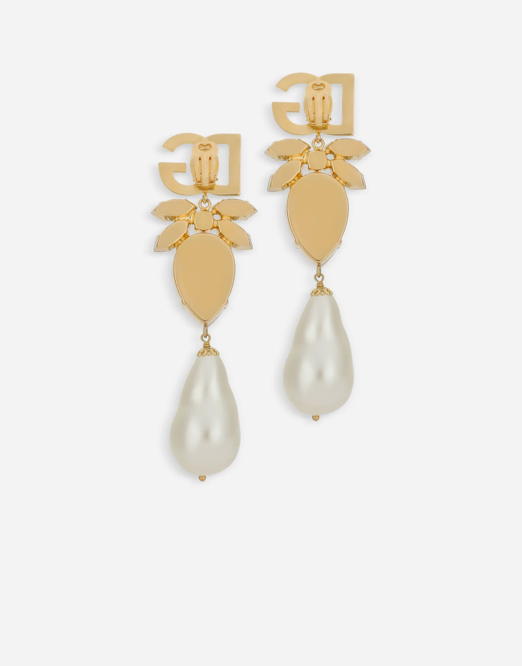 Drop earrings with pearls, rhinestones and DG logo