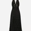 Dévoré satin calf-length dress with all-over DG logo