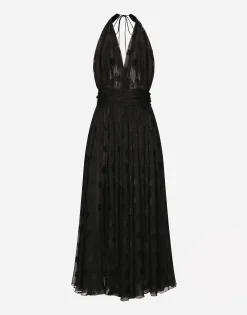 Dévoré satin calf-length dress with all-over DG logo