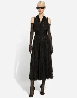 Dévoré satin calf-length dress with all-over DG logo