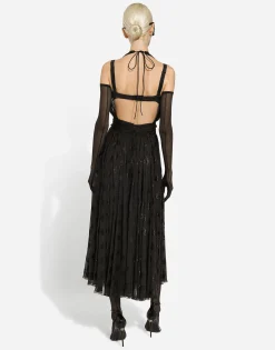 Dévoré satin calf-length dress with all-over DG logo