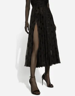 Dévoré satin calf-length dress with all-over DG logo