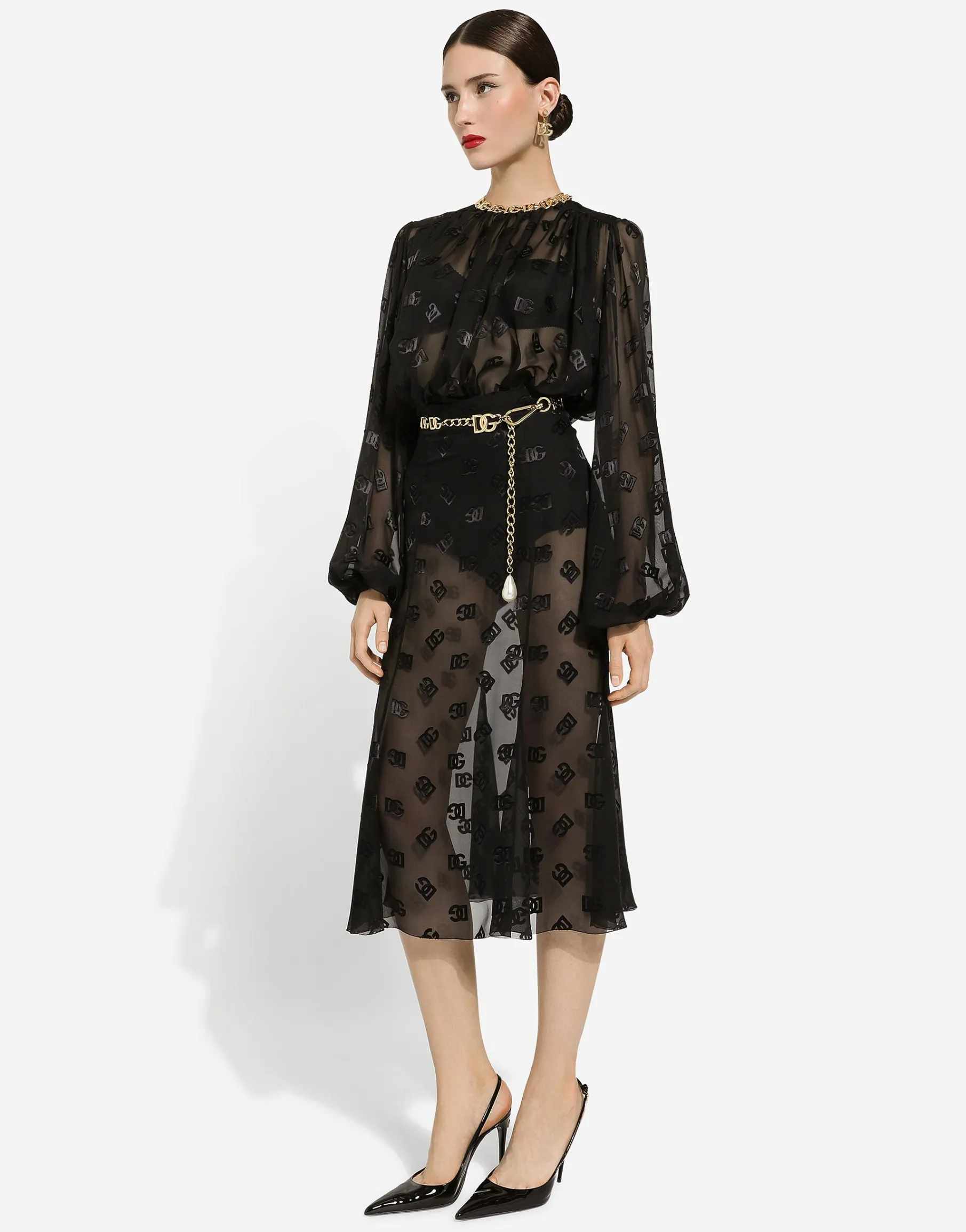 Dévoré satin godet skirt with DG logo