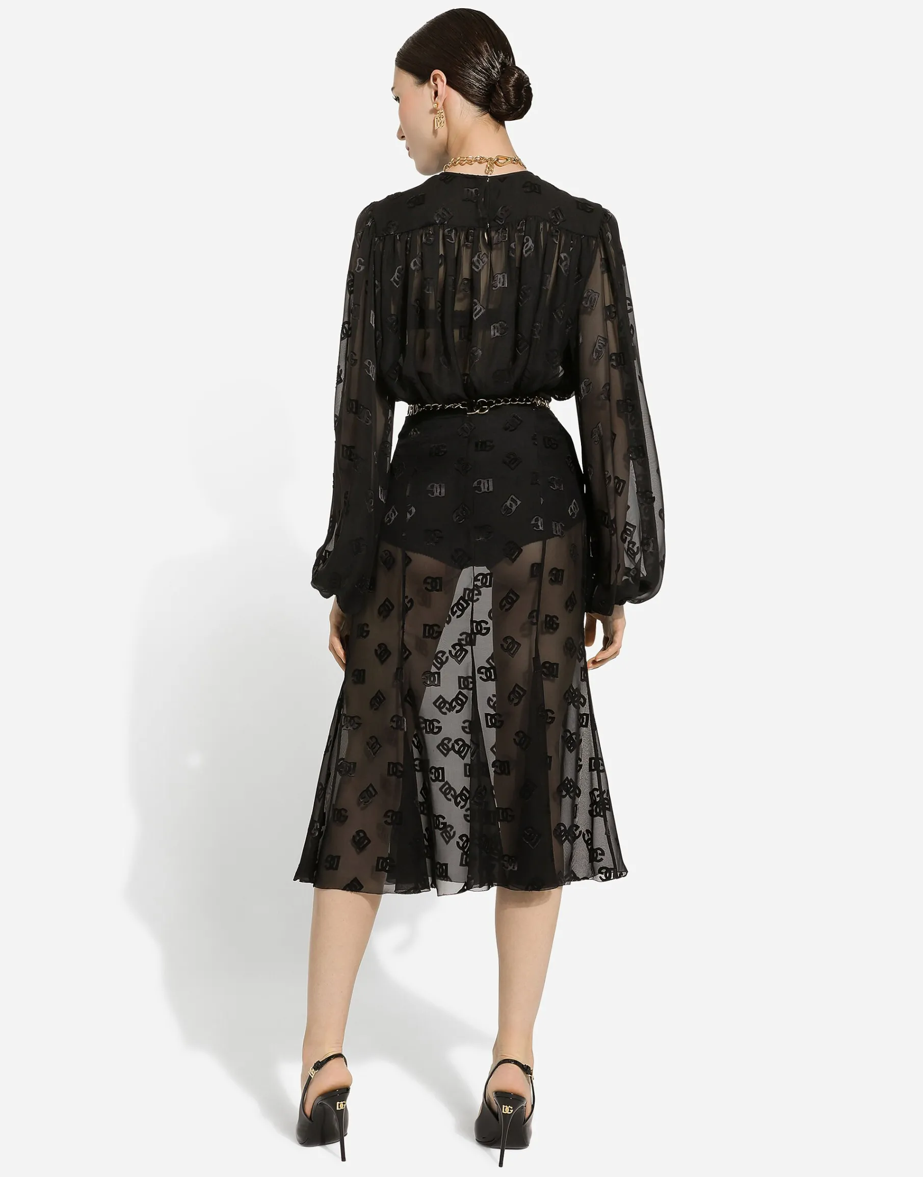 Dévoré satin godet skirt with DG logo