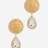 Earrings with logo coin and rhinestone pendants