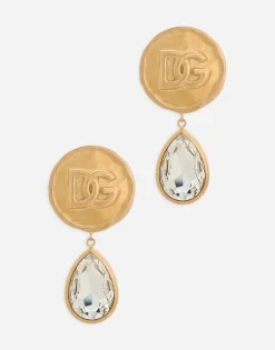 Earrings with logo coin and rhinestone pendants