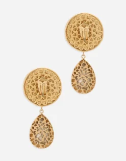 Earrings with logo coin and rhinestone pendants