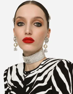 Earrings with rhinestones, pearls and DG logo