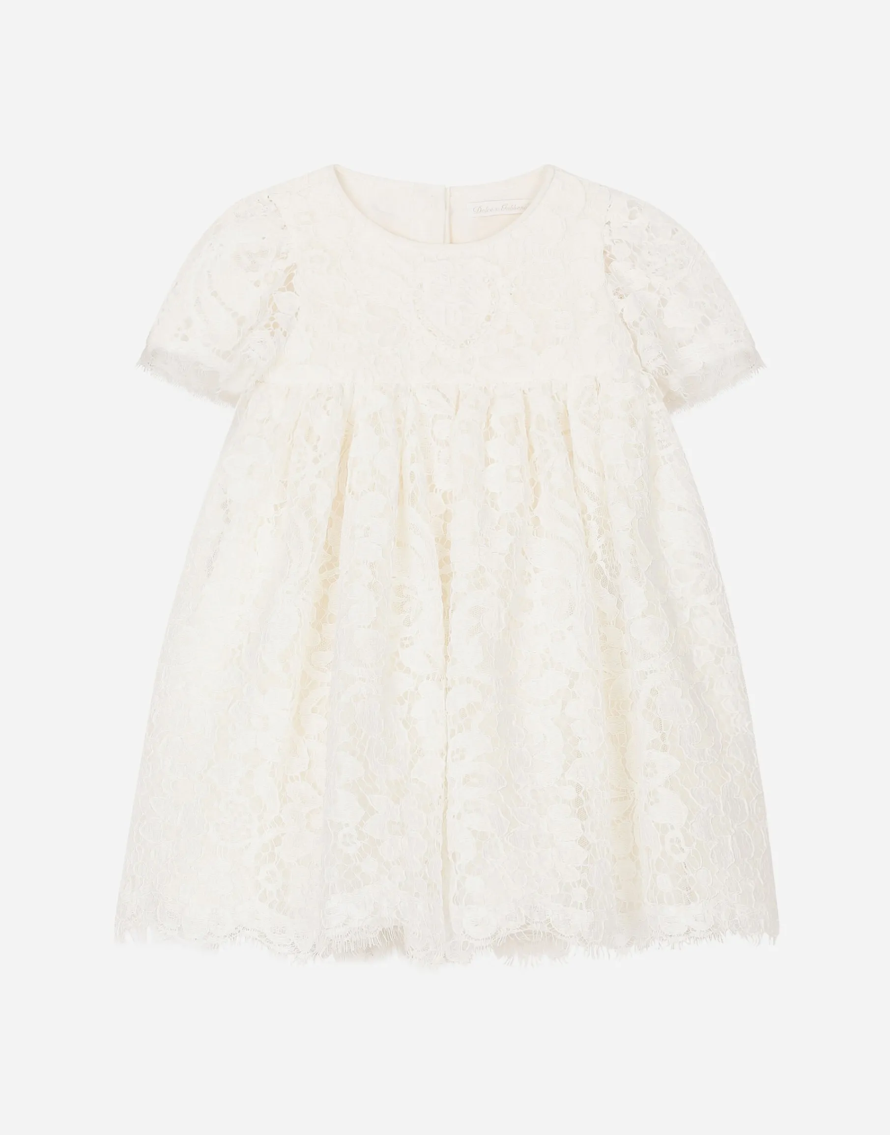 Empire-line lace christening dress with short sleeves