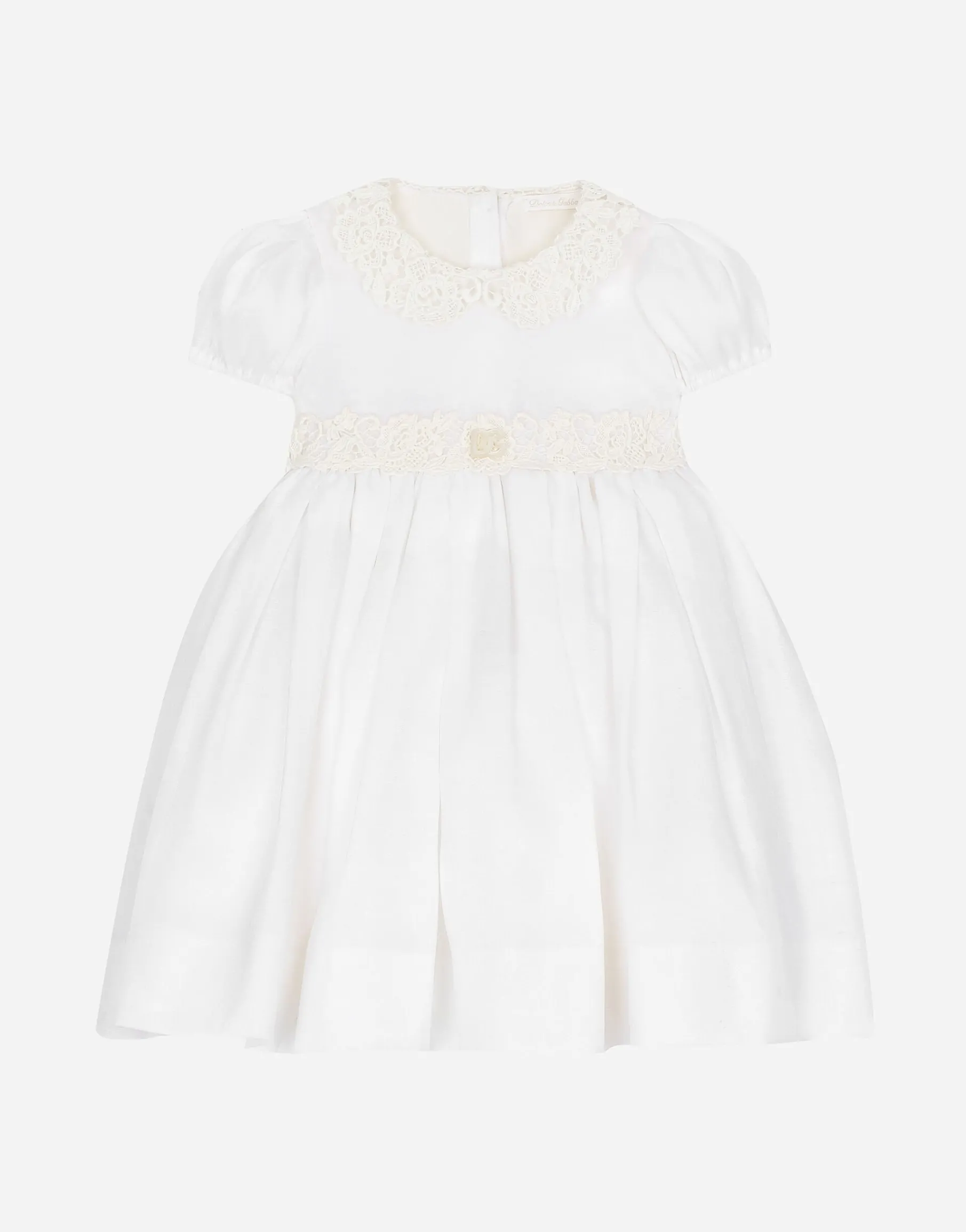 Empire-line muslin christening dress with short sleeves