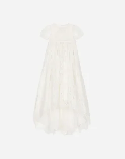 Empire-line ramage Chantilly lace christening dress with short sleeves