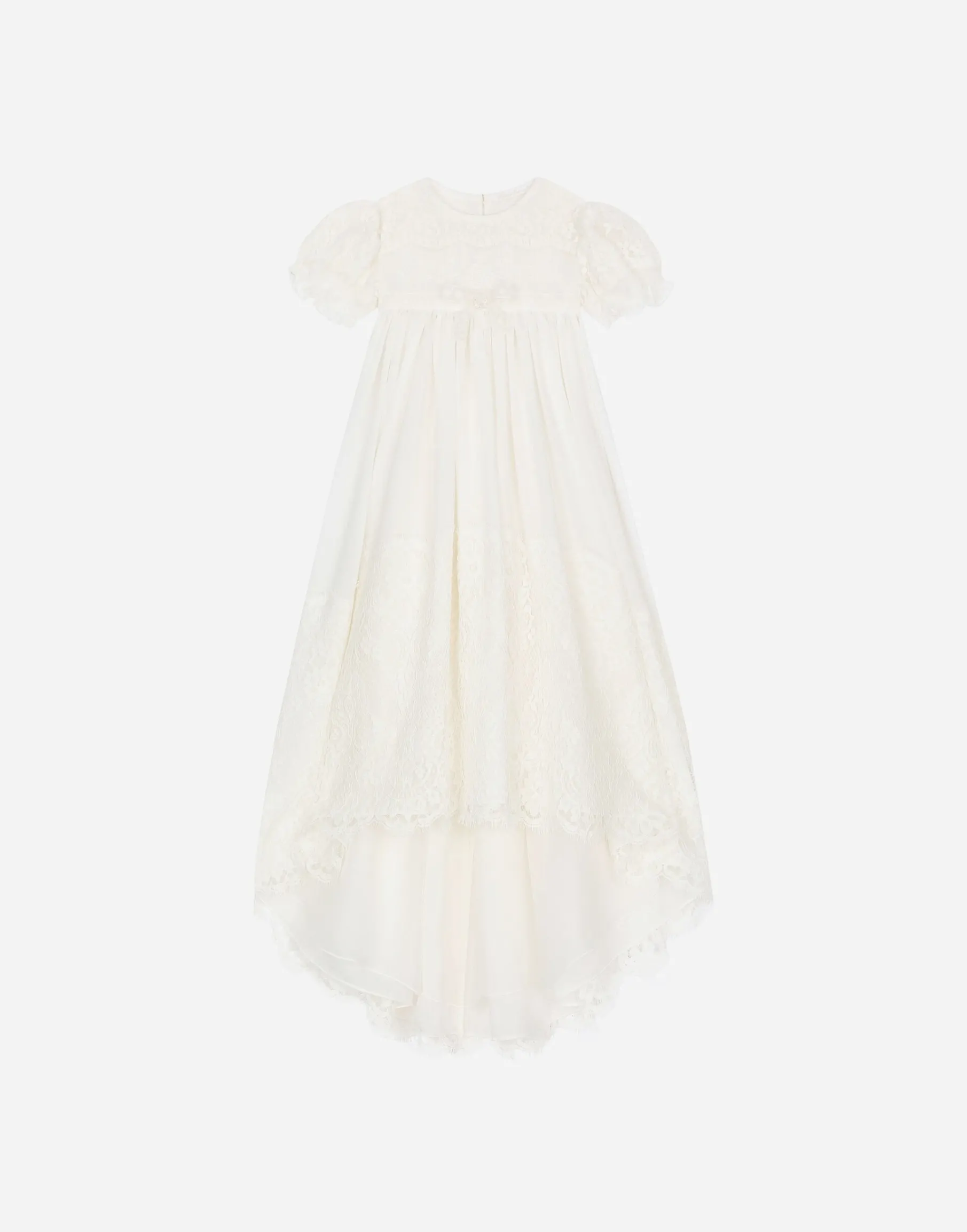 Empire-line silk muslin christening dress with short sleeves