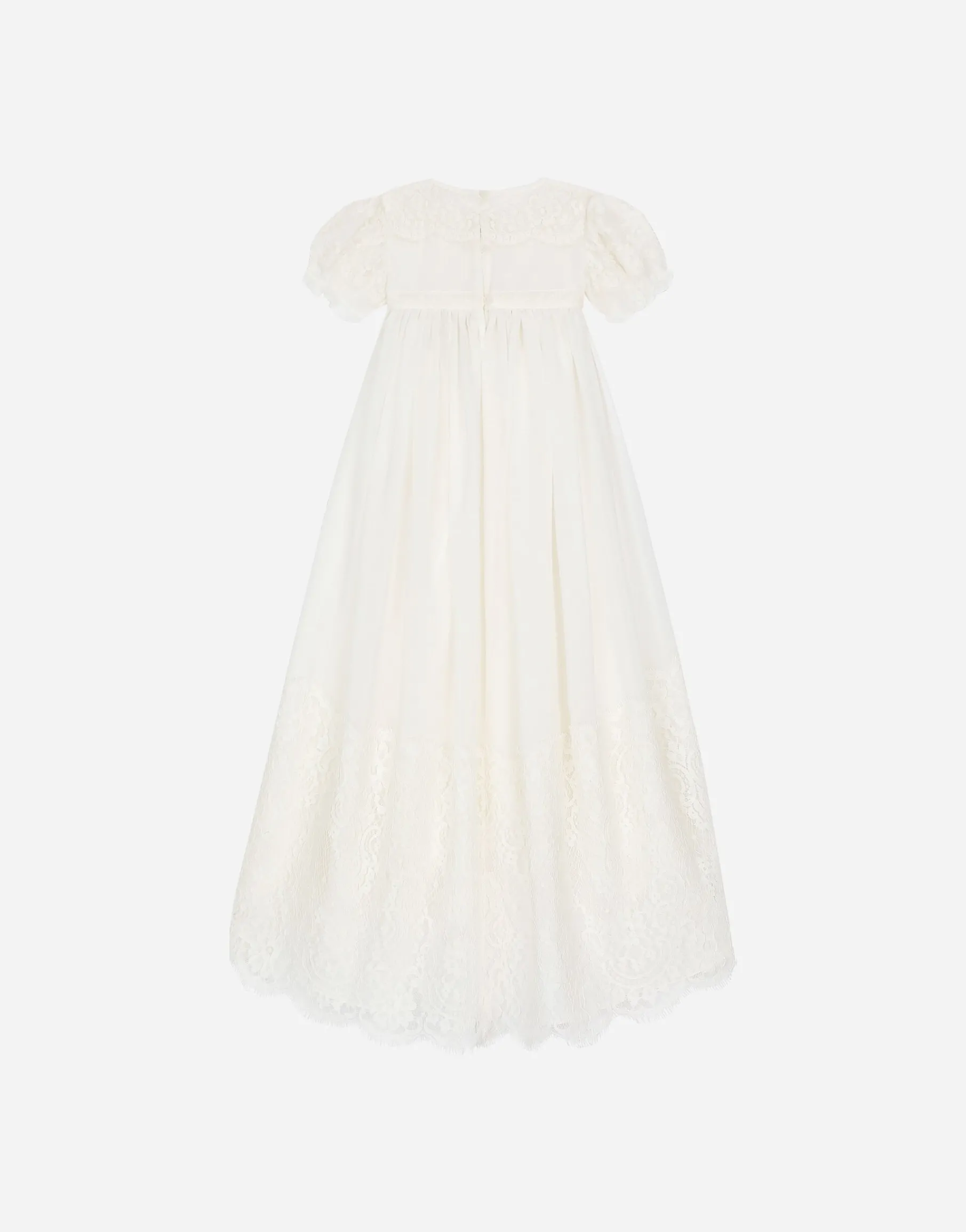 Empire-line silk muslin christening dress with short sleeves