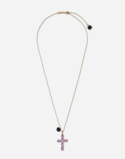 Family cross and rose pendants on yellow gold chain