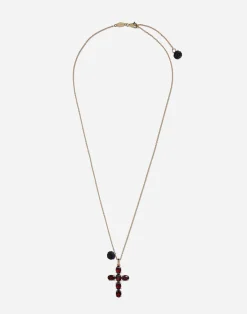 Family cross and rose pendants on yellow gold chain