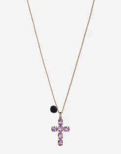 Family cross and rose pendants on yellow gold chain