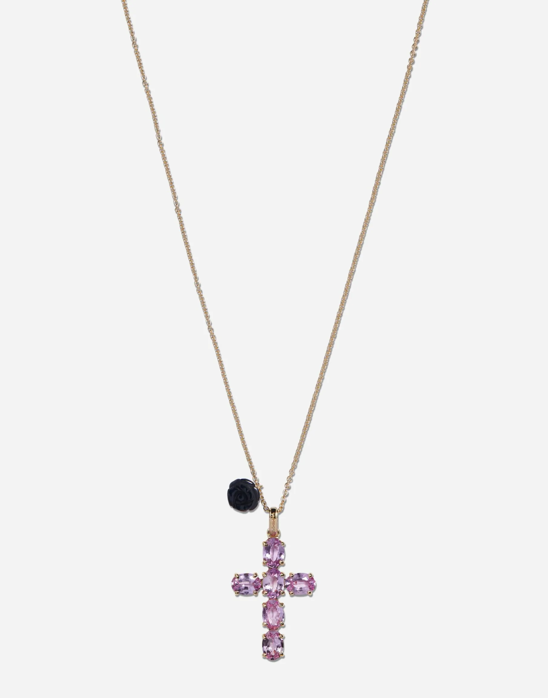 Family cross and rose pendants on yellow gold chain