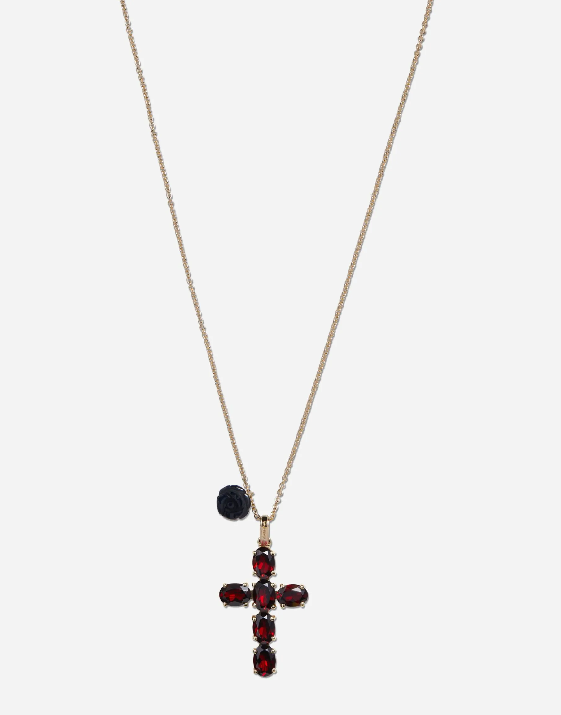 Family cross and rose pendants on yellow gold chain