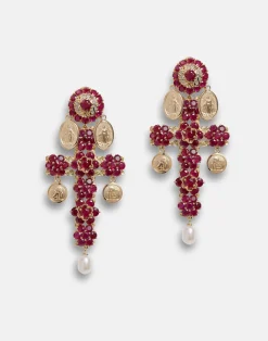 Family yellow gold cross pendant earrings with rubies