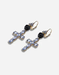 Family yellow gold earrings with rose and cross pendant