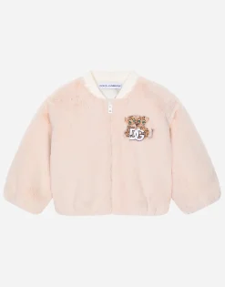 Faux fur bomber jacket with embroidered baby leopard patch