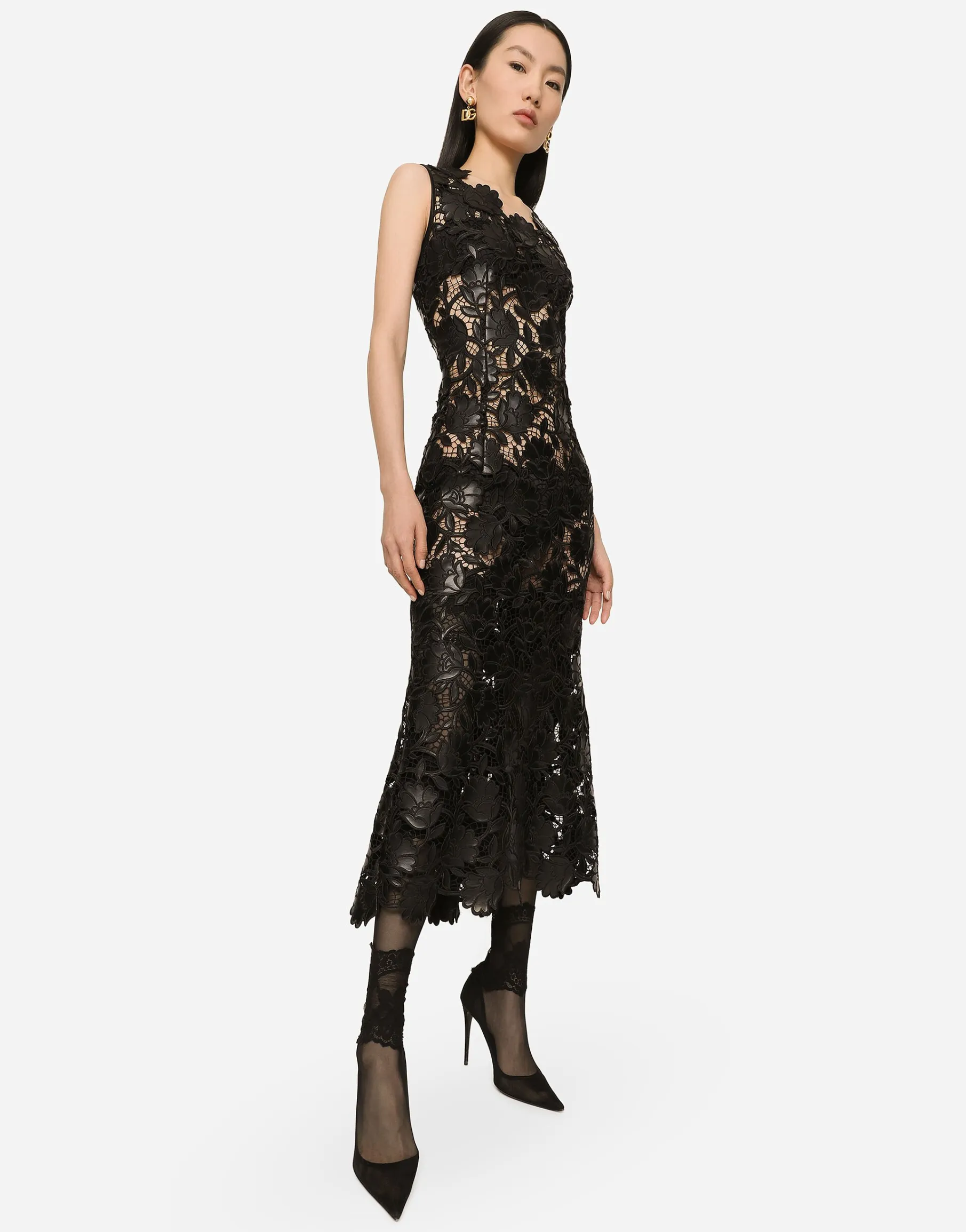 Faux leather macramé calf-length dress