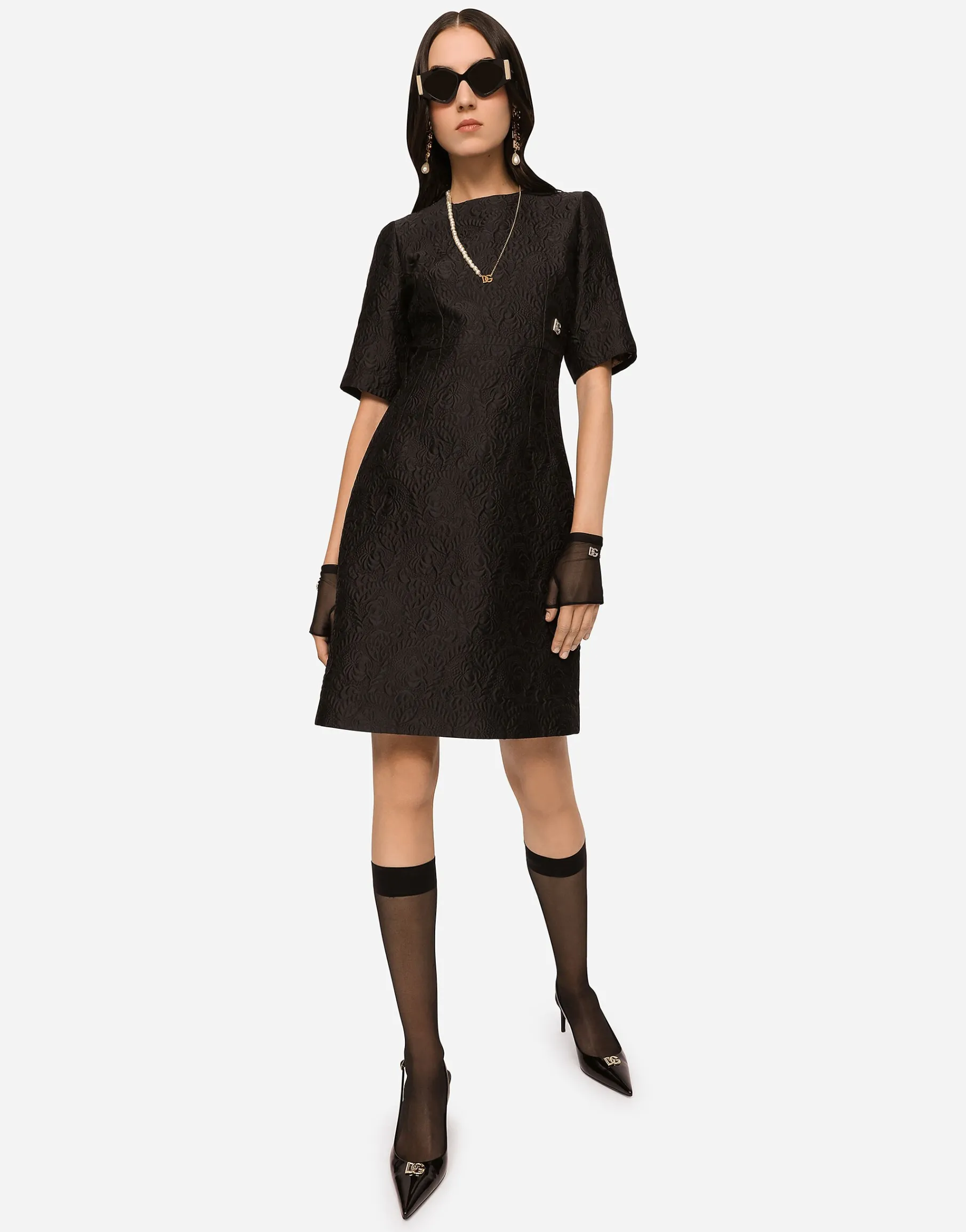 Fit-and-flare midi dress in floral jacquard