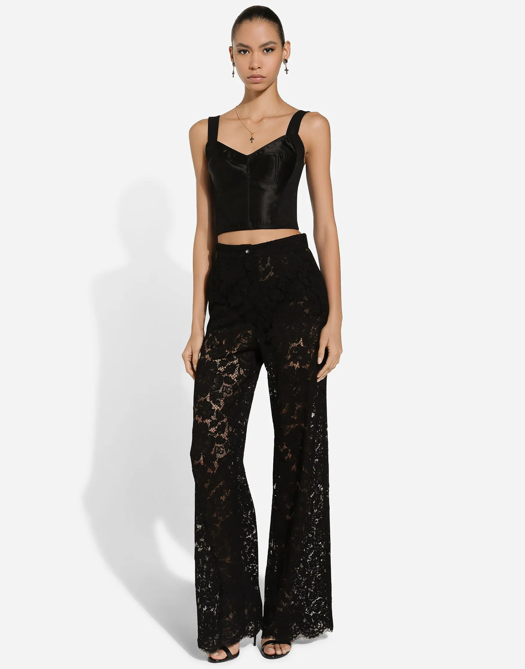 Flared floral cordonetto lace pants with DG logo