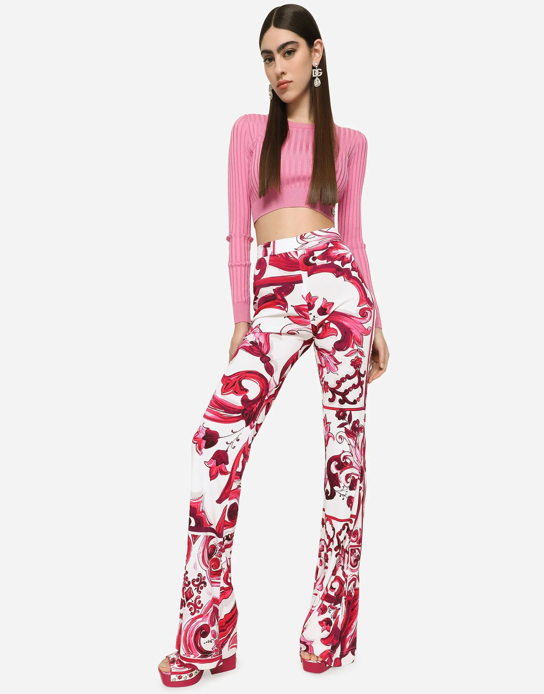 Flared Majolica-print organzine pants
