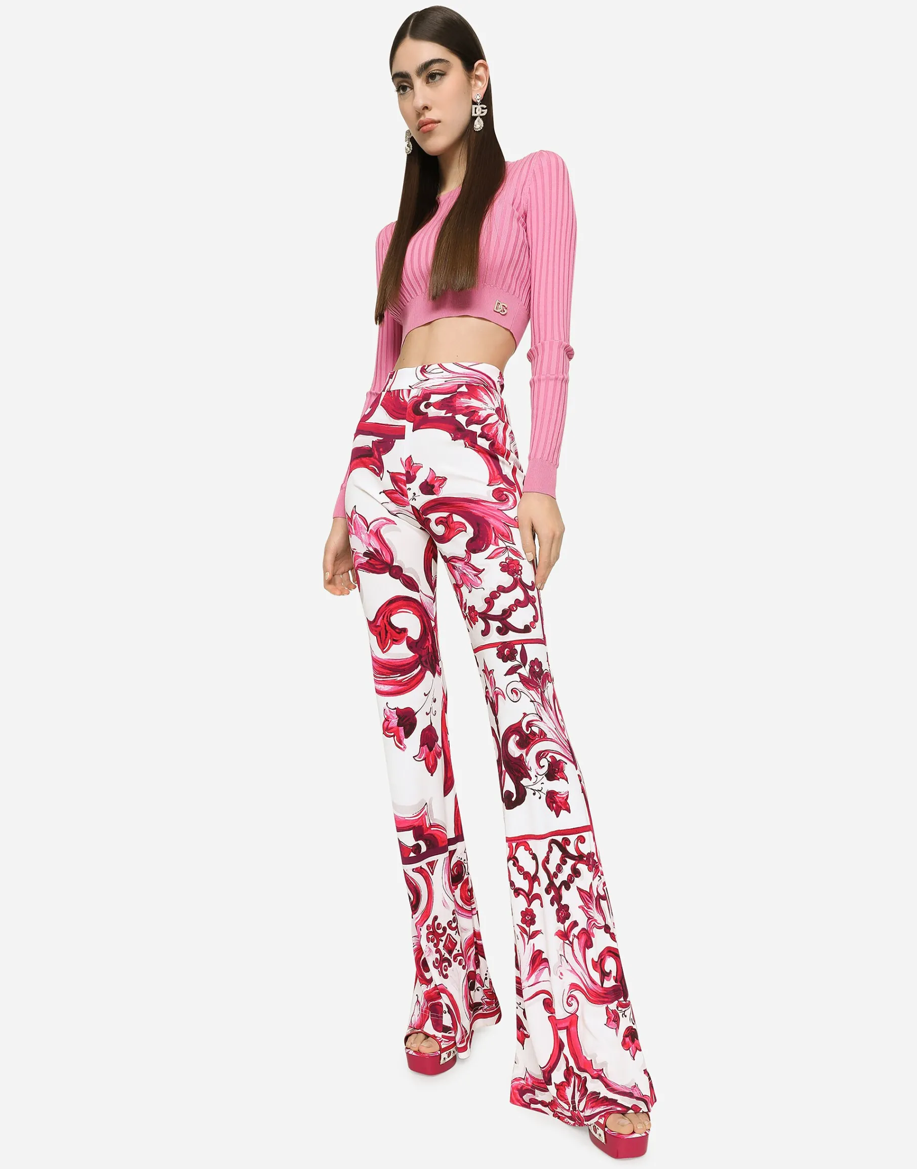 Flared Majolica-print organzine pants