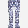Flared trumpet-leg charmeuse pants with majolica print