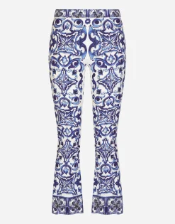 Flared trumpet-leg charmeuse pants with majolica print