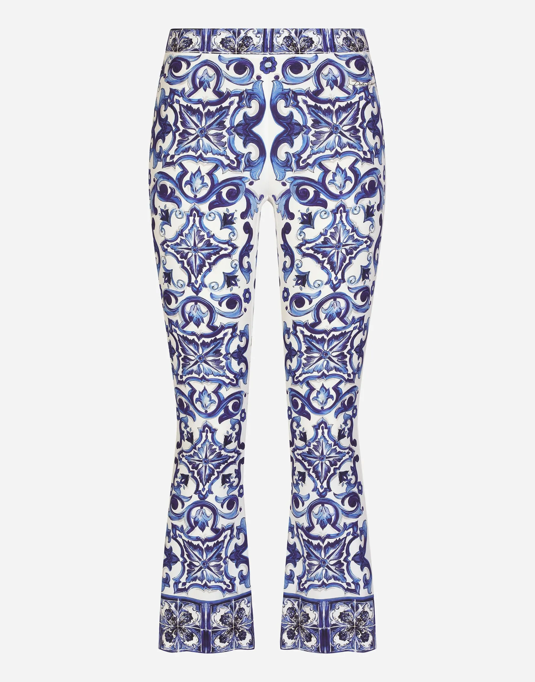 Flared trumpet-leg charmeuse pants with majolica print