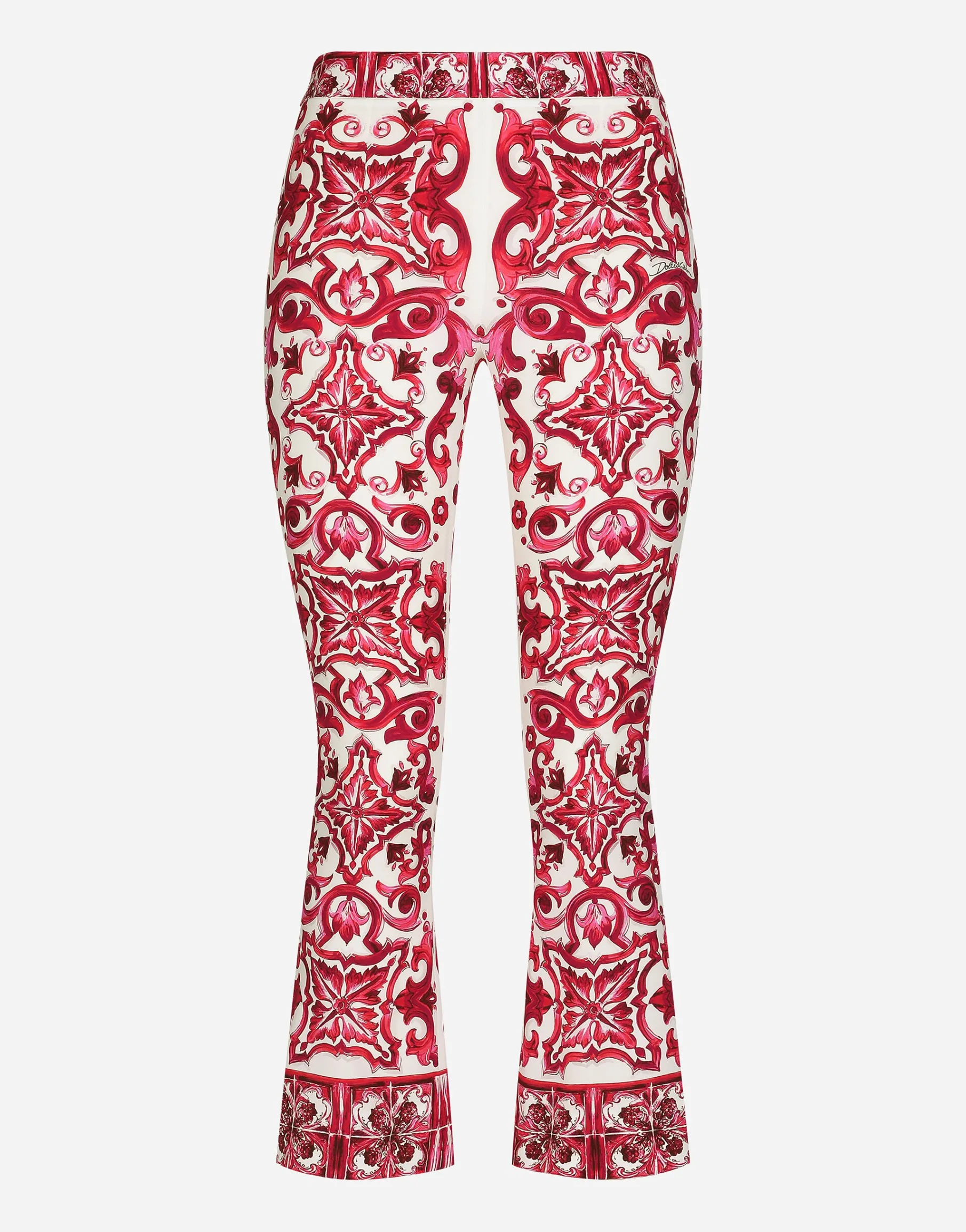 Flared trumpet-leg charmeuse pants with Majolica print