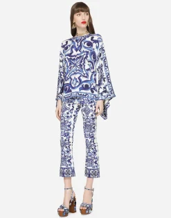 Flared trumpet-leg charmeuse pants with majolica print