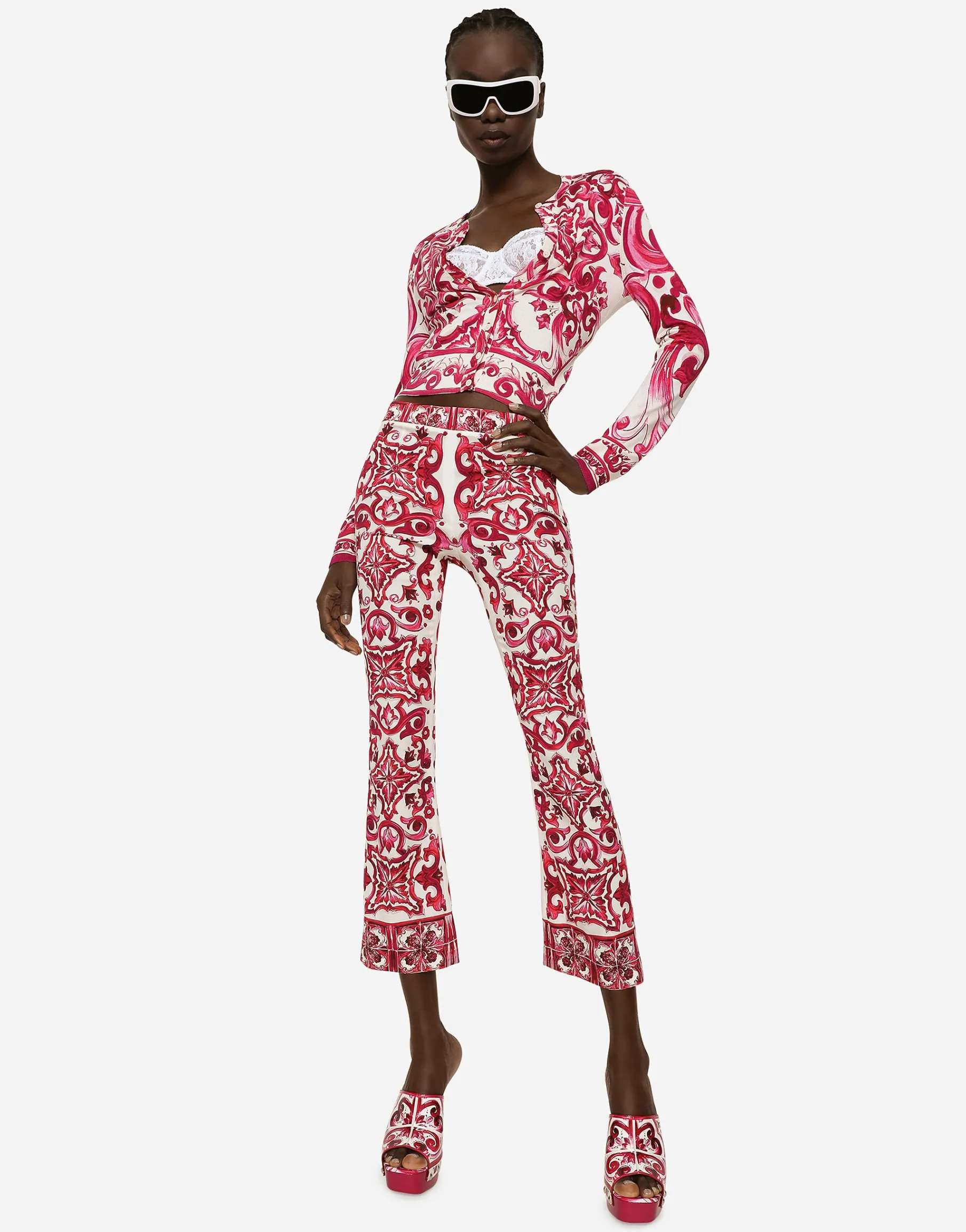 Flared trumpet-leg charmeuse pants with Majolica print