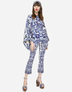 Flared trumpet-leg charmeuse pants with majolica print
