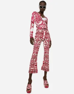 Flared trumpet-leg charmeuse pants with Majolica print