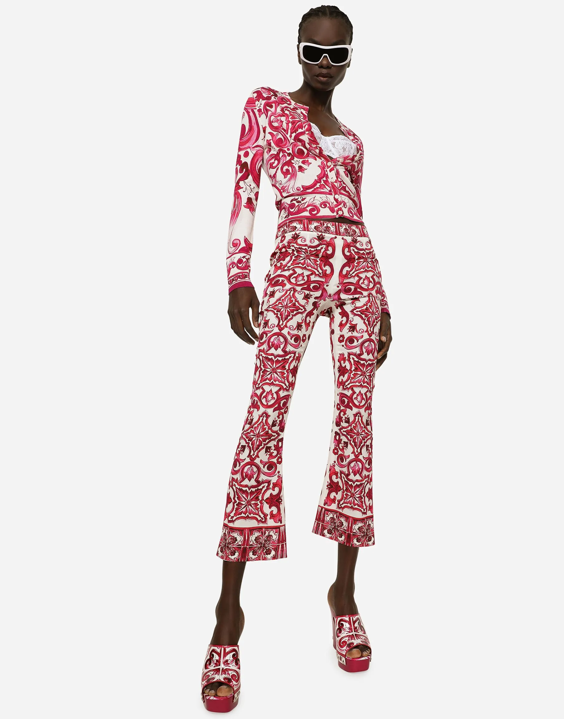 Flared trumpet-leg charmeuse pants with Majolica print